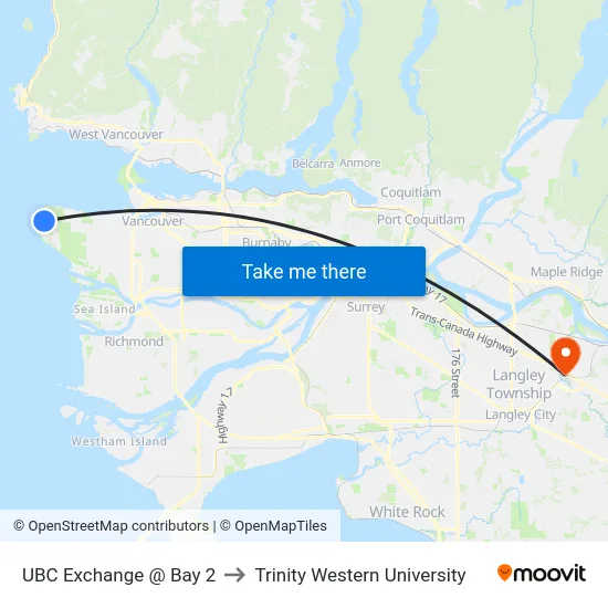 UBC Exchange @ Bay 2 to Trinity Western University map