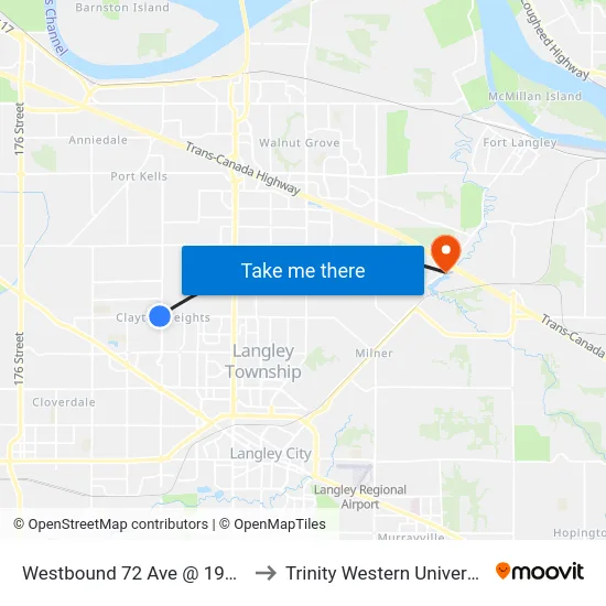 Westbound 72 Ave @ 192 St to Trinity Western University map