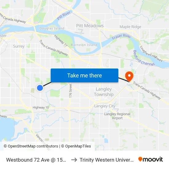 Westbound 72 Ave @ 152 St to Trinity Western University map