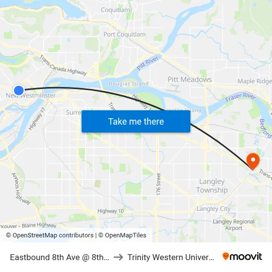 Eastbound 8th Ave @ 8th St to Trinity Western University map