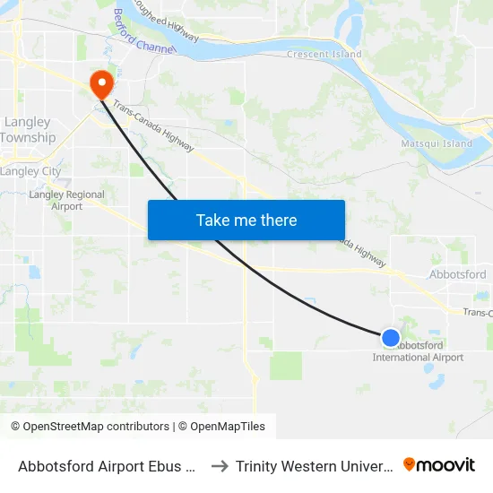 Abbotsford Airport Ebus Stop to Trinity Western University map