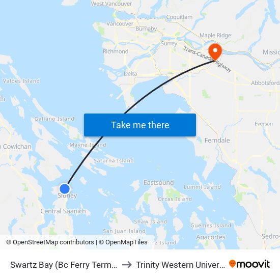 Swartz Bay (Bc Ferry Terminal) to Trinity Western University map