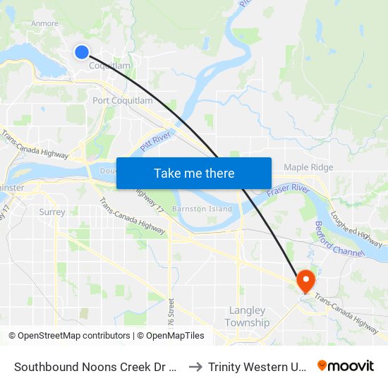 Southbound Noons Creek Dr @ David Ave to Trinity Western University map