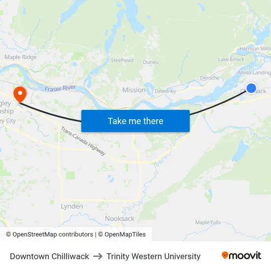 Downtown Chilliwack to Trinity Western University map