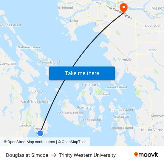 Douglas at Simcoe to Trinity Western University map