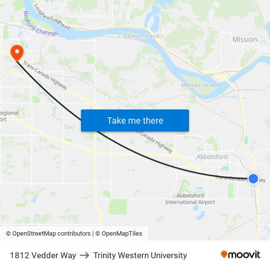 1812 Vedder Way to Trinity Western University map