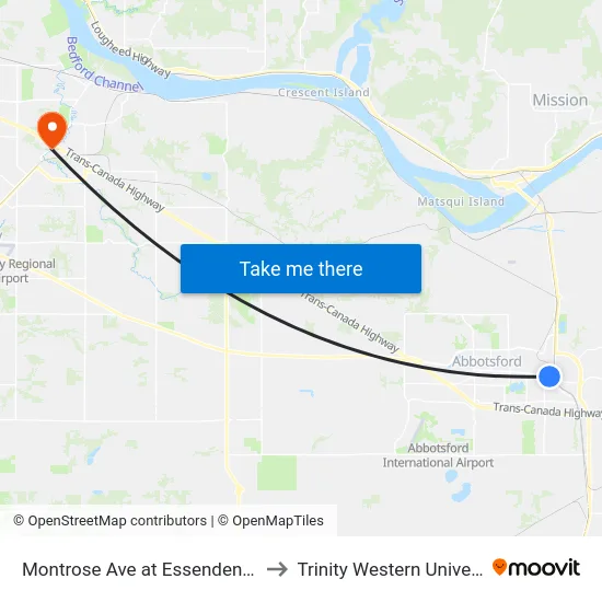 Montrose Ave at Essendene Ave to Trinity Western University map