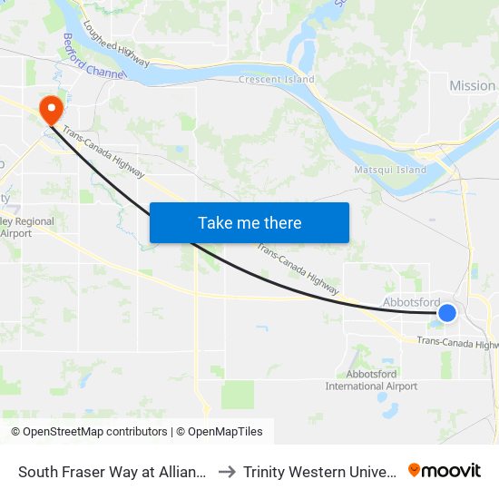 South Fraser Way at Alliance St to Trinity Western University map