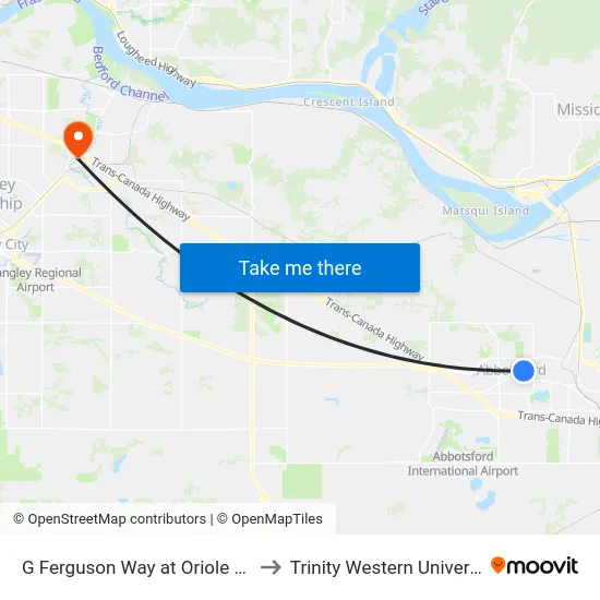 G Ferguson Way at Oriole Cres to Trinity Western University map