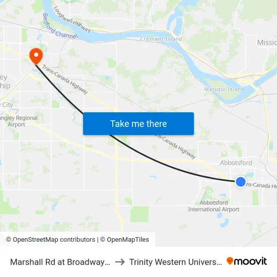 Marshall Rd at Broadway St to Trinity Western University map