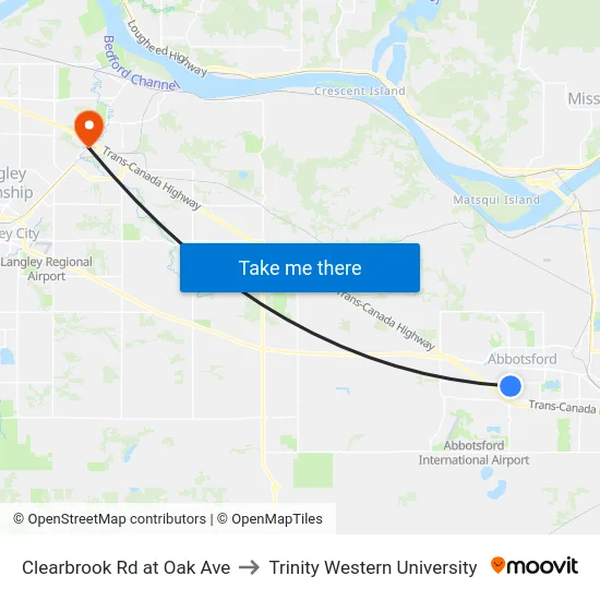Clearbrook Rd at Oak Ave to Trinity Western University map
