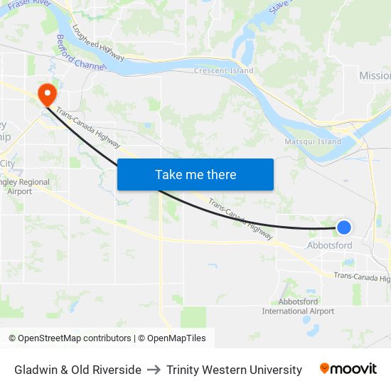 Gladwin & Old Riverside to Trinity Western University map
