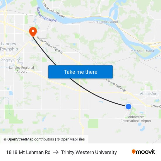 1818 Mt Lehman Rd to Trinity Western University map
