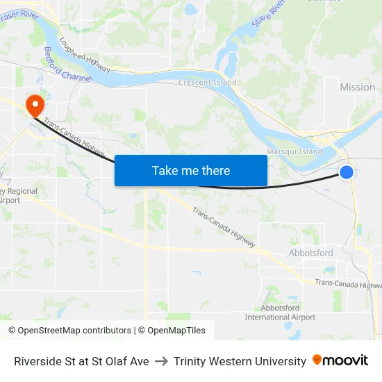 Riverside St at St Olaf Ave to Trinity Western University map