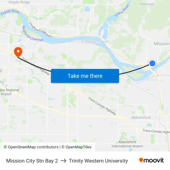 Mission City Stn Bay 2 to Trinity Western University map