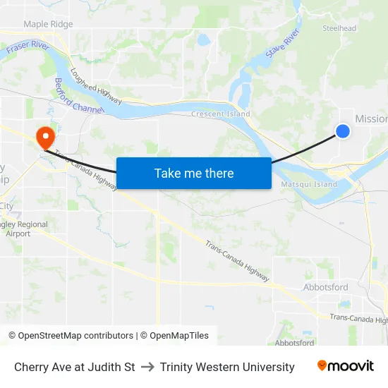 Cherry Ave at Judith St to Trinity Western University map