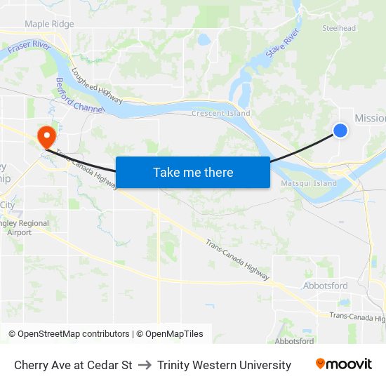 Cherry Ave at Cedar St to Trinity Western University map