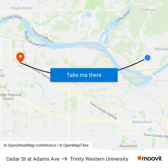 Cedar & Adams to Trinity Western University map