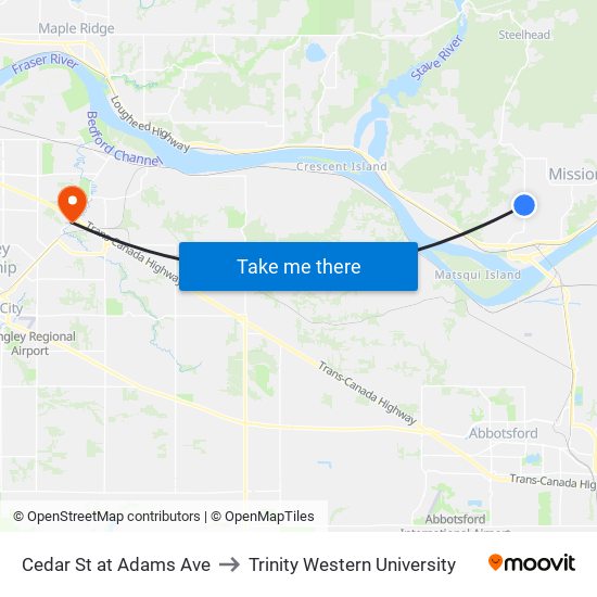 Cedar St at Adams Ave to Trinity Western University map