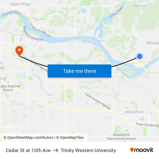 Cedar & 10 Av to Trinity Western University map