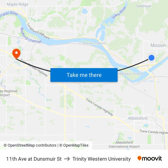 11 Av & Dunsmuir to Trinity Western University map
