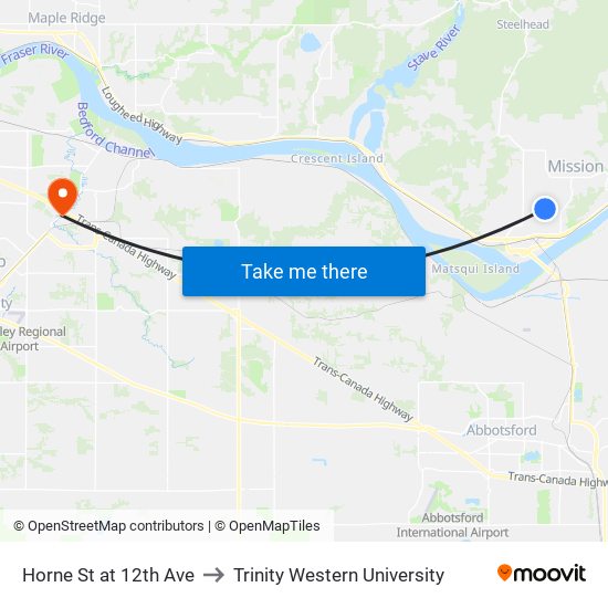 Horne & 12 Av to Trinity Western University map