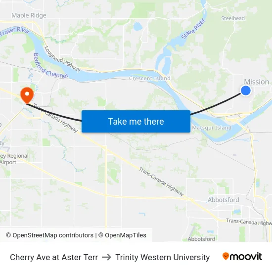 Cherry Ave at Aster Terr to Trinity Western University map