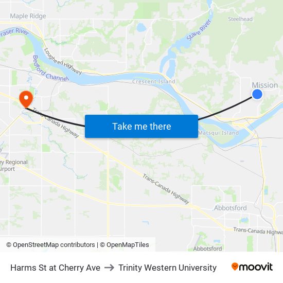 Harms & Cherry to Trinity Western University map