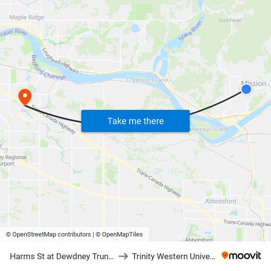 Harms & Dewdney Trunk to Trinity Western University map