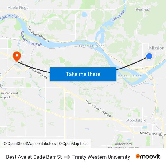 Best Ave at Cade Barr St to Trinity Western University map