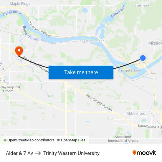 Alder & 7 Av to Trinity Western University map