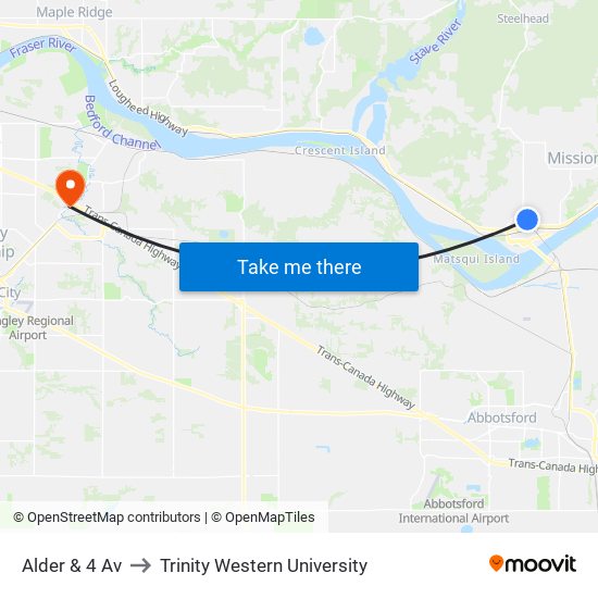 Alder & 4 Av to Trinity Western University map