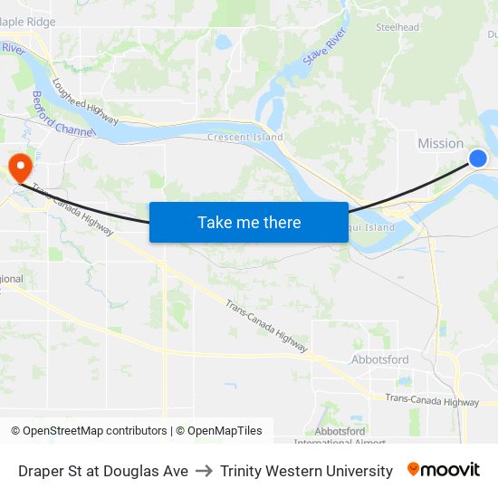 Draper & Douglas to Trinity Western University map