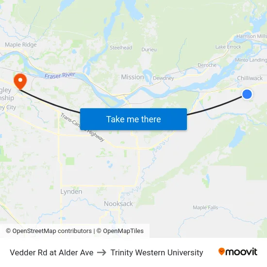Vedder Rd at Alder Ave to Trinity Western University map