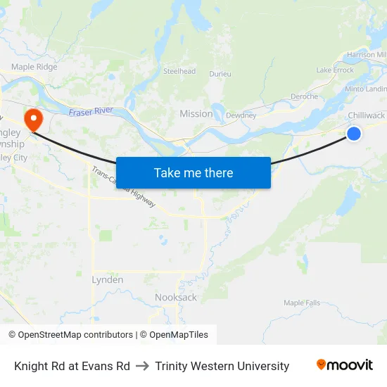 Knight Rd at Evans Rd to Trinity Western University map