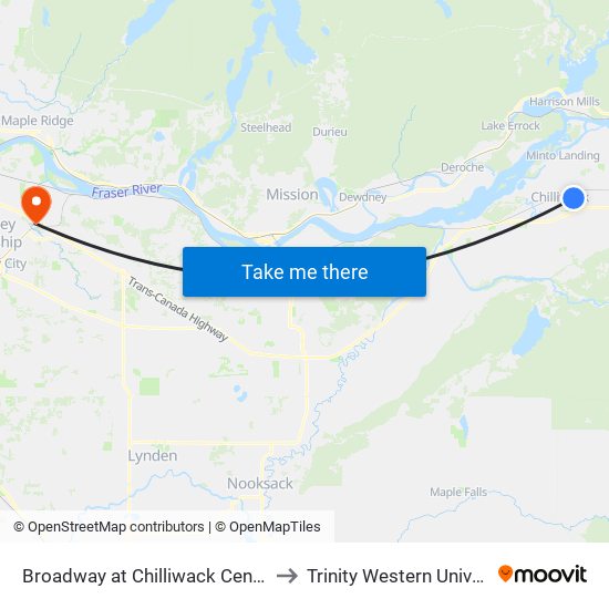 Broadway at Chilliwack Central Rd to Trinity Western University map