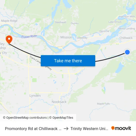 Promontory Rd at Chilliwack River Rd to Trinity Western University map