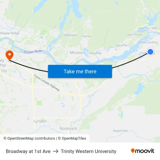 Broadway at 1st Ave to Trinity Western University map