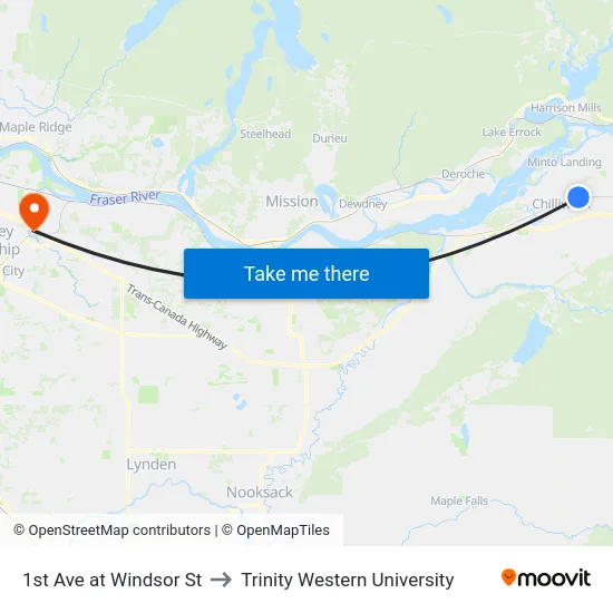1st Ave at Windsor St to Trinity Western University map