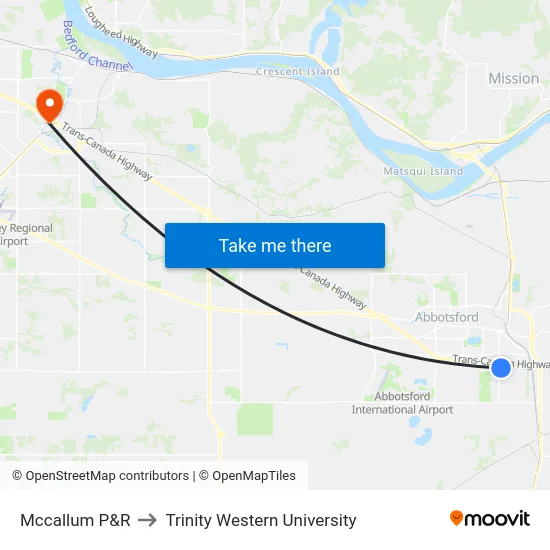 Mccallum P&R to Trinity Western University map