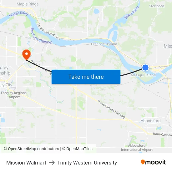 Mission Walmart to Trinity Western University map