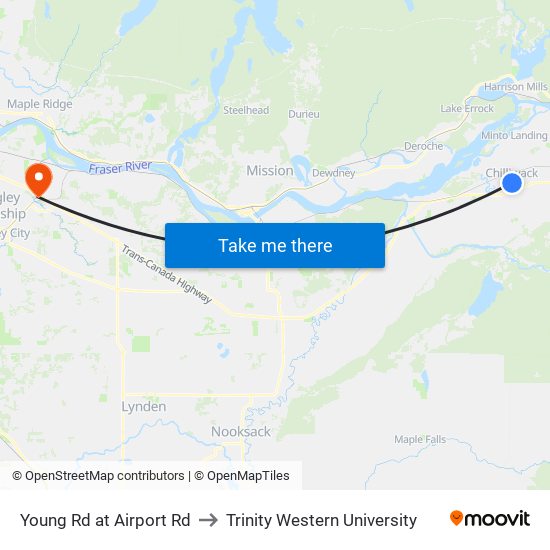 Young Rd at Airport Rd to Trinity Western University map