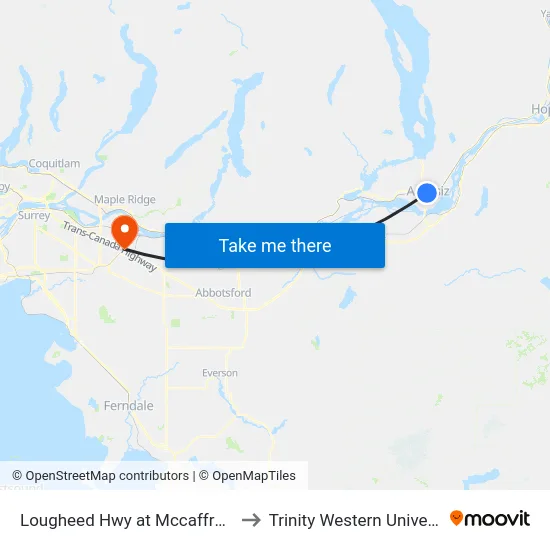Lougheed Hwy at Mccaffrey Rd to Trinity Western University map