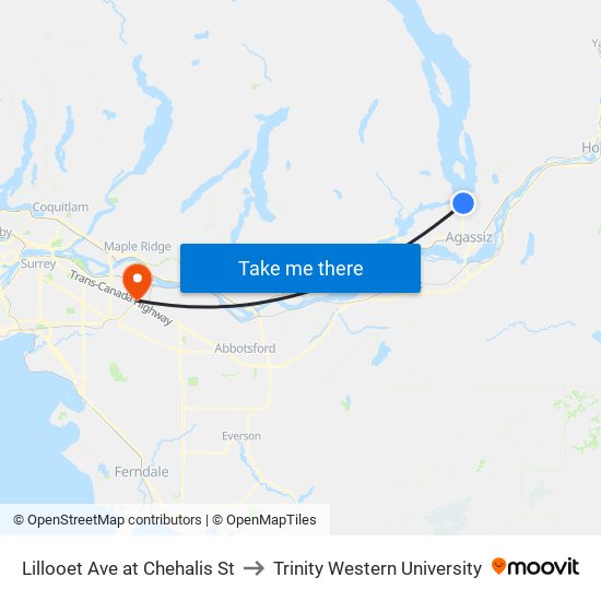 Lillooet & Chehalis to Trinity Western University map