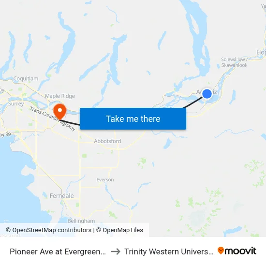 Pioneer Ave at Evergreen Dr to Trinity Western University map
