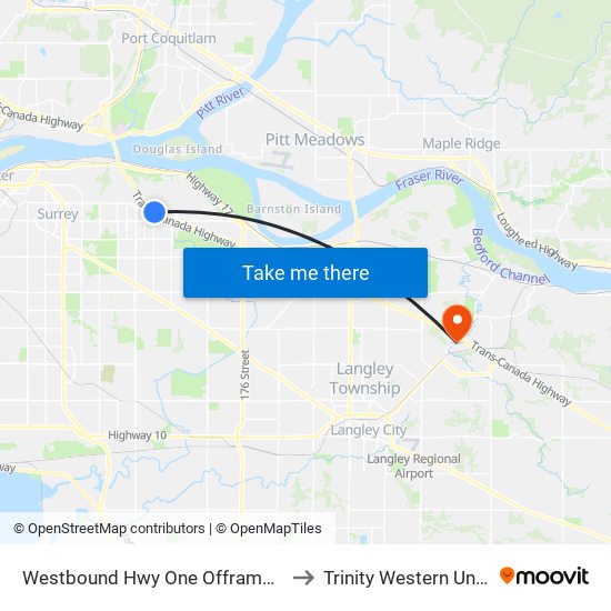 Westbound Hwy One Offramp @ 156 St to Trinity Western University map