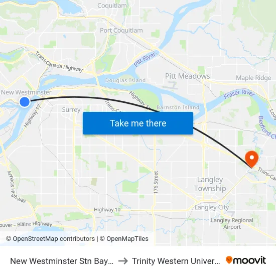 New Westminster Stn Bay 7,5 to Trinity Western University map