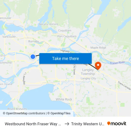 Westbound North Fraser Way @ Wiggins St to Trinity Western University map