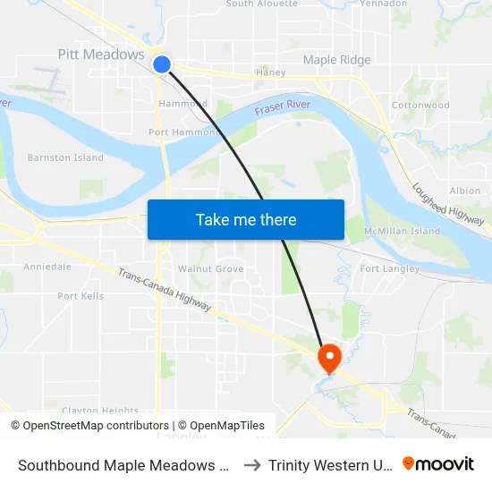 Southbound Maple Meadows Way @ 200 St to Trinity Western University map