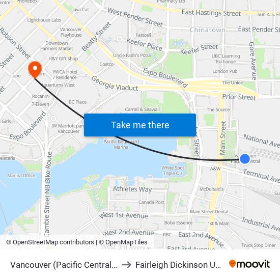Vancouver (Pacific Central Station) to Fairleigh Dickinson University map